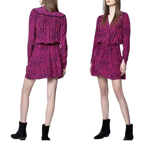 ZADIG & VOLTAIRE Reveal Leopard Print Dress Hot Pink Black MSRP $398 Large NWT - Picture 2 of 12